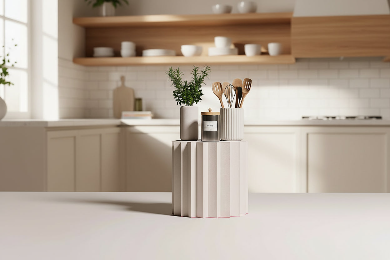 Abstract sculpture on a cylindrical pedestal with pink curtains in the background